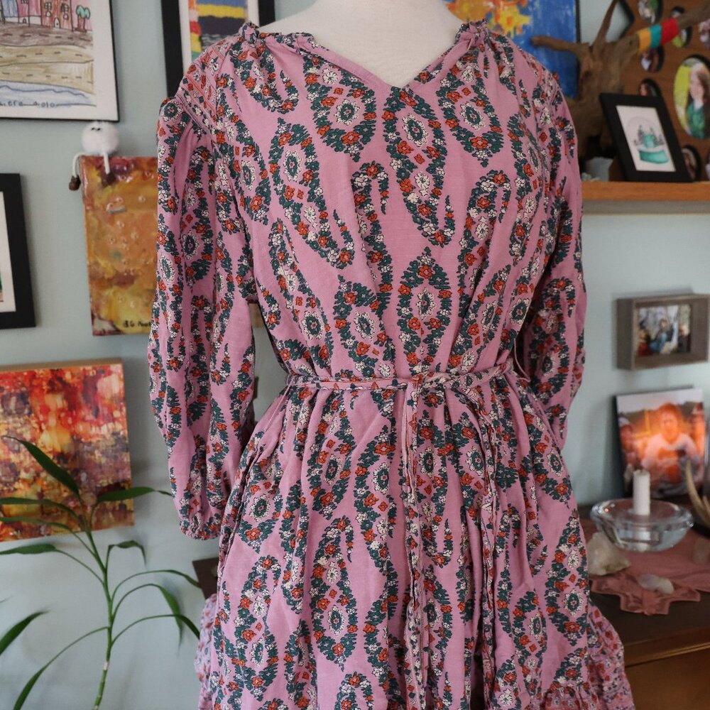 Knox Rose Midi Dres Pink Floral 3/4 Sleeve Ruffle Tie Waist Pockets